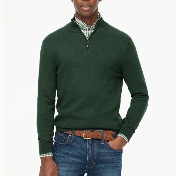 NWT J.Crew Men’s Half Zip Sweater Medium Green Cotton Pullover Classic - Picture 1 of 9